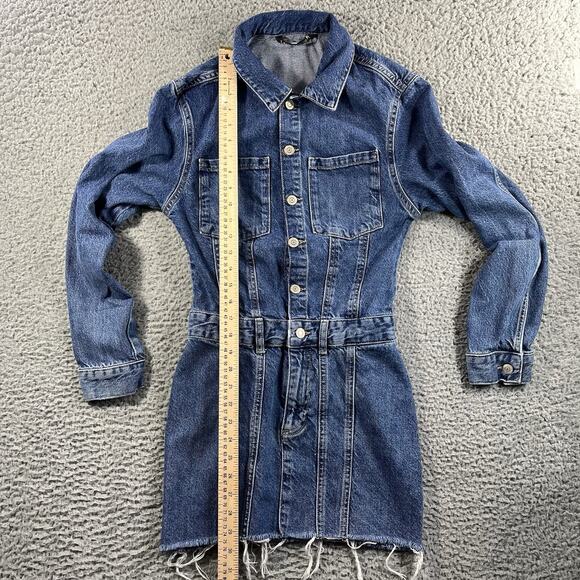 ZARA DENIM SHIRT DRESS MINI WOMENS XS BLUE BUTTON LONG SLEEVE BIKER TRUCKER JEAN - Picture 6 of 10